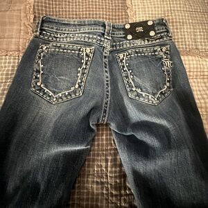 Dark Blue Boot Cut Jeans with Intricate Stitching